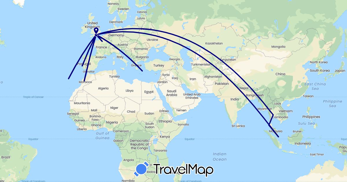 TravelMap itinerary: driving in France, United Kingdom, Greece, Italy, Morocco, Portugal, Singapore, Thailand (Africa, Asia, Europe)